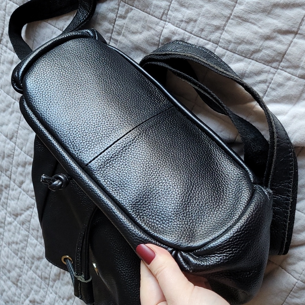 EUC Black Pebbled Leather w Gold Backpack - Picture 7 of 14